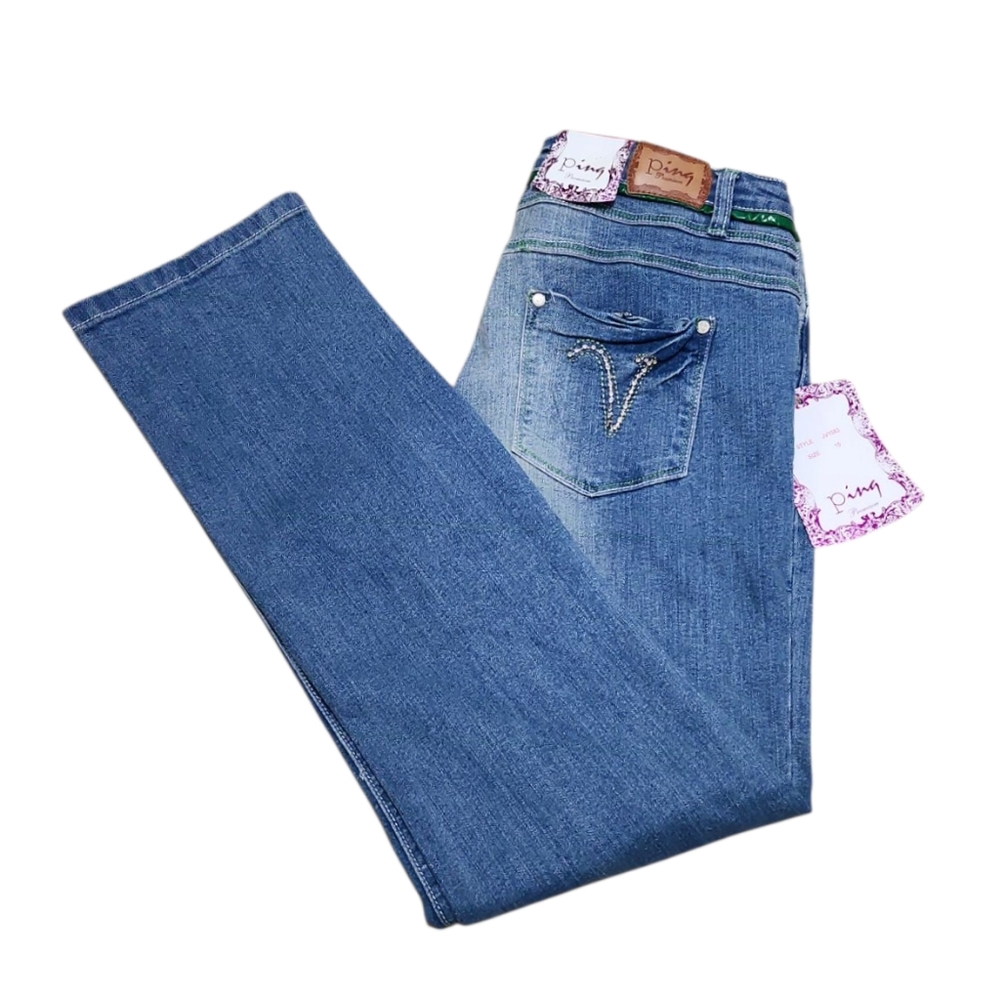 NWT Ping Premium Distressed Women's/Girls Jeans Straight‎ Size 15 JR.